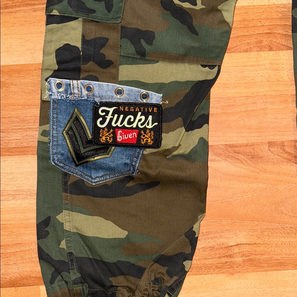 Custom Camouflage Cargo Pants with Colorful Patches and inscriptions